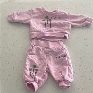 Marni Light Pink Kids Pajama Set with Green Floral Embroidery